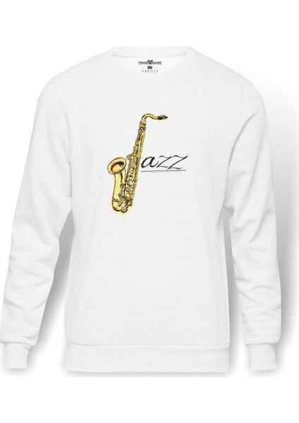 Only Jazz Baskılı Beyaz Erkek Örme Sweatshirt Uzun Kol