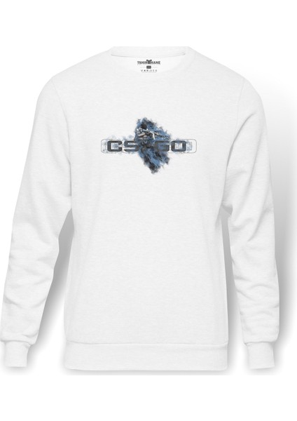 Cs Go Counter Strike Baskılı Beyaz Erkek Örme Sweatshirt Uzun Kol