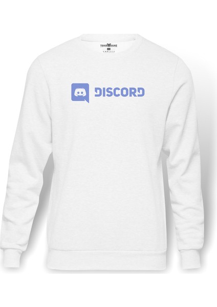 Discord Yazı Baskılı Beyaz Erkek Örme Sweatshirt Uzun Kol