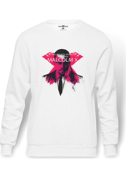 Malcolm X El Shabazz Baskılı Beyaz Erkek Örme Sweatshirt Uzun Kol