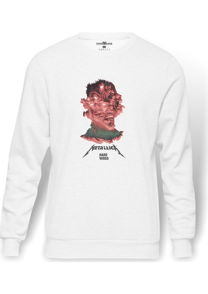 Metallica Album Hardwired To Self Des Baskılı Beyaz Erkek Örme Sweatshirt Uzun Kol