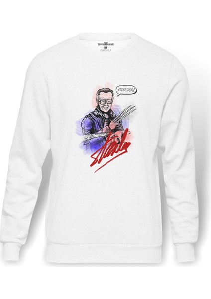 Stan Lee Marvel Kara Kalem Baskılı Beyaz Erkek Örme Sweatshirt Uzun Kol