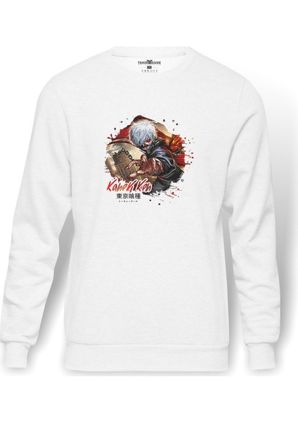 Anime Tokyo Ghoul Kaneki Manga Baskılı Beyaz Erkek Örme Sweatshirt Uzun Kol