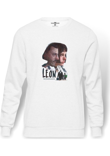 Leon Baskılı Beyaz Erkek Örme Sweatshirt Uzun Kol