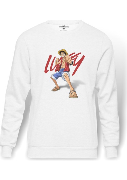 Anime Luffy One Piece Baskılı Beyaz Erkek Örme Sweatshirt Uzun Kol