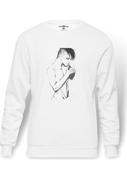 Anime Attack On Titan Baskılı Beyaz Erkek Örme Sweatshirt Uzun Kol