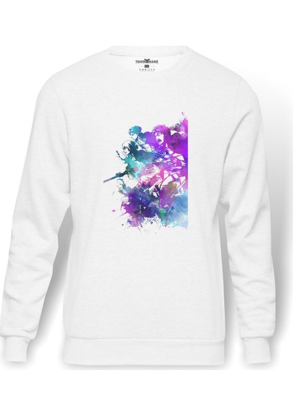 Anime Attack On Titan Baskılı Beyaz Erkek Örme Sweatshirt Uzun Kol