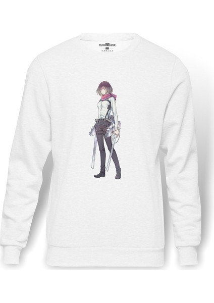 Anime Attack On Titan Baskılı Beyaz Erkek Örme Sweatshirt Uzun Kol
