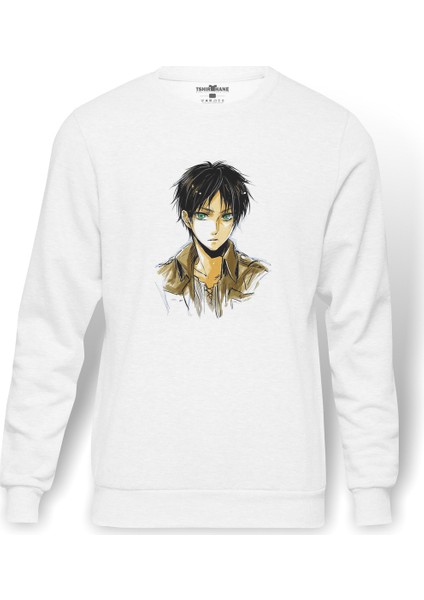 Anime Attack On Titan Baskılı Beyaz Erkek Örme Sweatshirt Uzun Kol