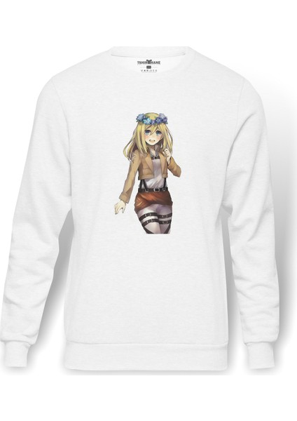 Anime Attack On Titan Baskılı Beyaz Erkek Örme Sweatshirt Uzun Kol