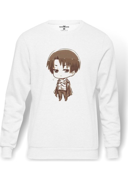 Anime Attack On Titan Baskılı Beyaz Erkek Örme Sweatshirt Uzun Kol