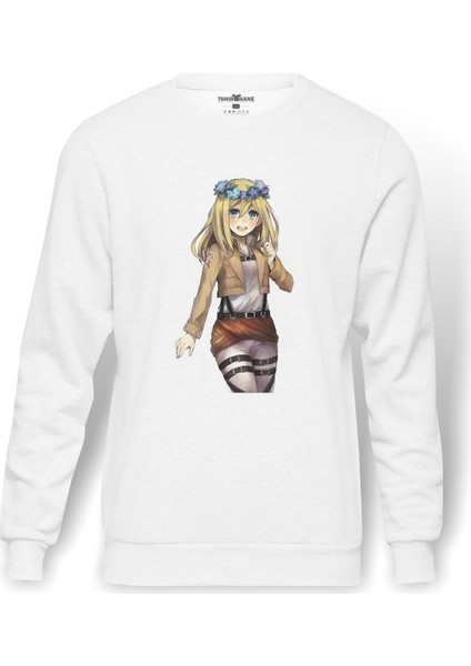 Anime Attack On Titan Baskılı Beyaz Erkek Örme Sweatshirt Uzun Kol