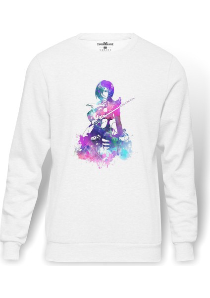 Anime Attack On Titan Baskılı Beyaz Erkek Örme Sweatshirt Uzun Kol