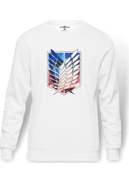 Anime Attack On Titan Baskılı Beyaz Erkek Örme Sweatshirt Uzun Kol