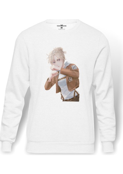 Anime Attack On Titan Baskılı Beyaz Erkek Örme Sweatshirt Uzun Kol