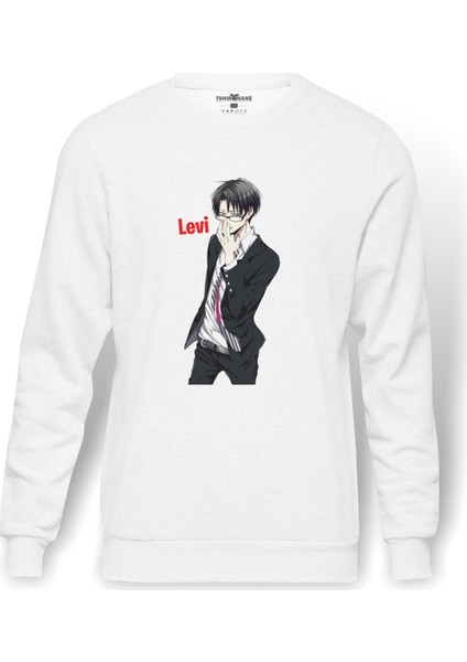 Anime Attack On Titan Baskılı Beyaz Erkek Örme Sweatshirt Uzun Kol