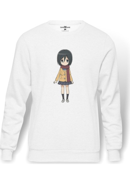 Anime Attack On Titan Baskılı Beyaz Erkek Örme Sweatshirt Uzun Kol