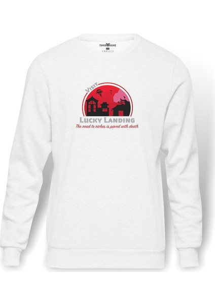 Visit Lucky Landing Baskılı Beyaz Erkek Örme Sweatshirt Uzun Kol