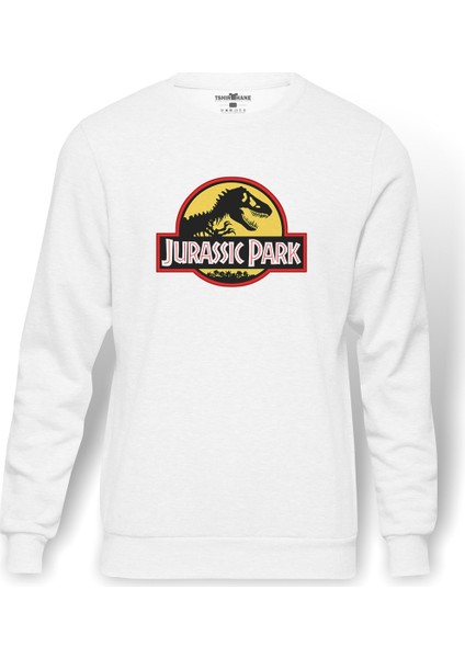 Jurassic Park Logo Black Yellow Red Baskılı Beyaz Erkek Örme Sweatshirt Uzun Kol