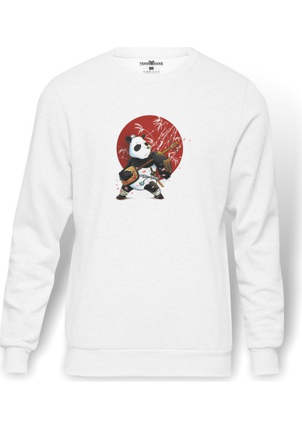 Panda Gitar Baskılı Beyaz Erkek Örme Sweatshirt Uzun Kol