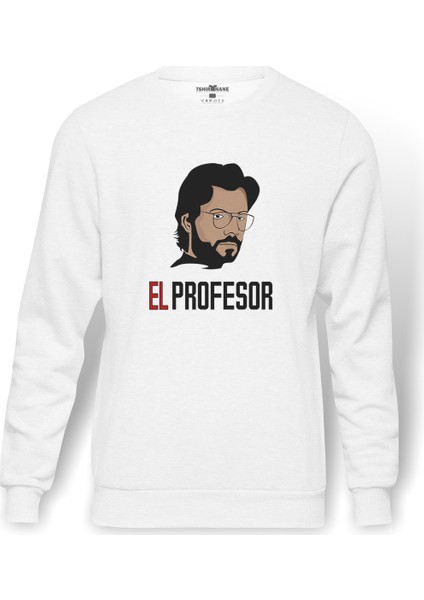 La Casa De Papel El Profesor Baskılı Beyaz Erkek Örme Sweatshirt Uzun Kol