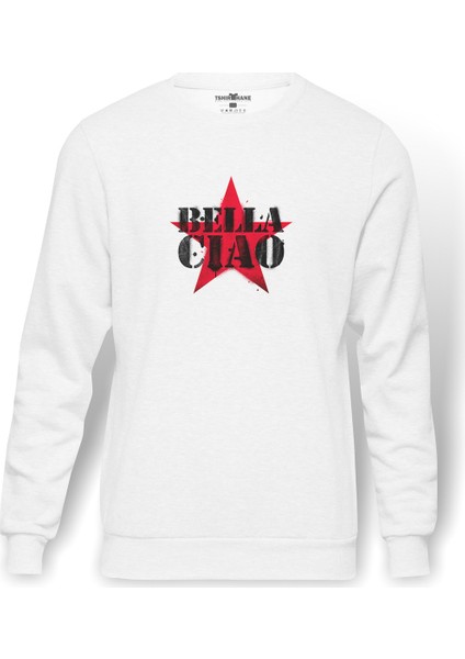 La Case De Papel Bella Ciao Baskılı Beyaz Erkek Örme Sweatshirt Uzun Kol