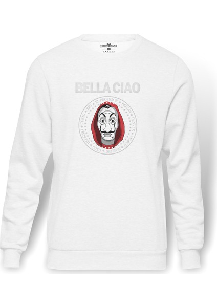 La Case De Papel Bella Ciao Baskılı Beyaz Erkek Örme Sweatshirt Uzun Kol