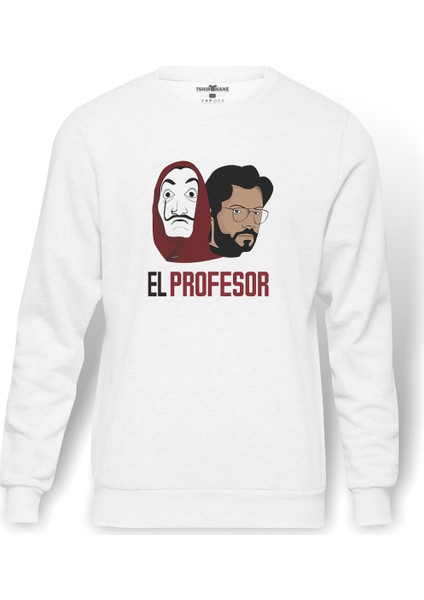 La Case De Papel El Profesor Baskılı Beyaz Erkek Örme Sweatshirt Uzun Kol