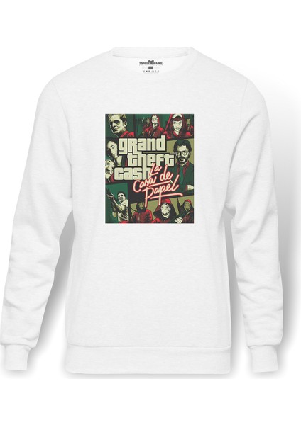 La Case De Papel Grand Theft Baskılı Beyaz Erkek Örme Sweatshirt Uzun Kol