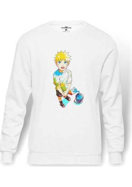 Anime Naruto Uzumaki Baskılı Beyaz Erkek Örme Sweatshirt Uzun Kol