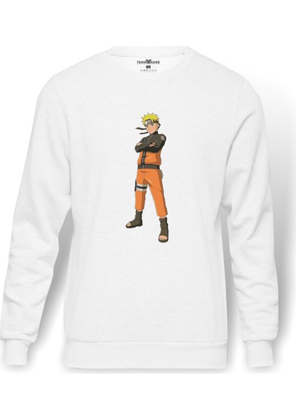 Anime Naruto Headband Shıppuuden Baskılı Beyaz Erkek Örme Sweatshirt Uzun Kol