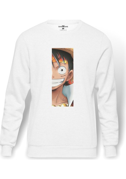 Anime One Piece Amiral Baskılı Beyaz Erkek Örme Sweatshirt Uzun Kol