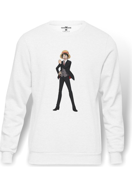 Anime One Piece Commander Baskılı Beyaz Erkek Örme Sweatshirt Uzun Kol