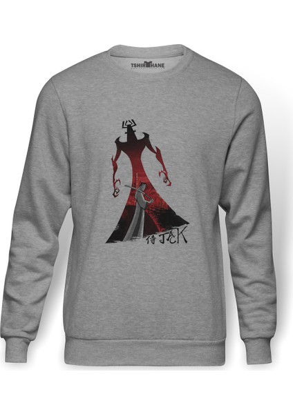 Shadow Fight Samurai Jack 8 Baskılı Gri Erkek Örme Sweatshirt Uzun Kol
