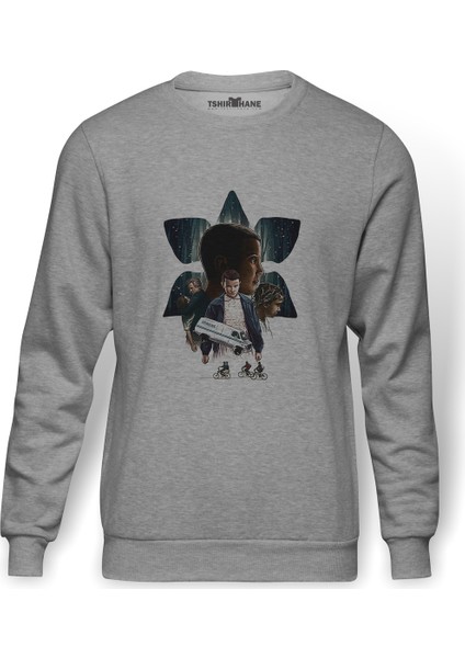 Stranger Things 2 Hawkins Caravan Baskılı Gri Erkek Örme Sweatshirt Uzun Kol