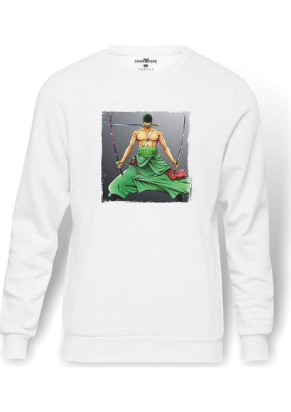Anime One Piece Roronoa Zoro Baskılı Beyaz Erkek Örme Sweatshirt Uzun Kol