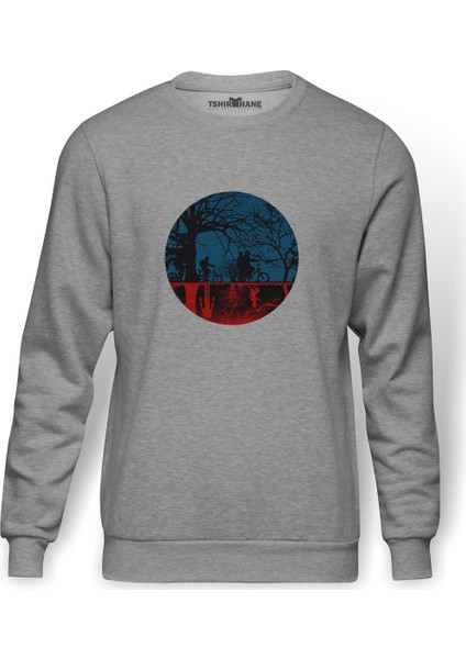 Stranger Things The Upside Down Biker Baskılı Gri Erkek Örme Sweatshirt Uzun Kol