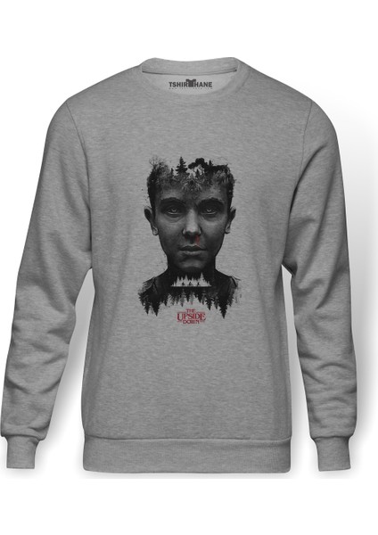Stranger Things The Upside Down Baskılı Gri Erkek Örme Sweatshirt Uzun Kol