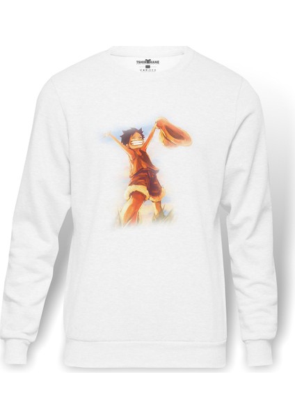 Anime One Piece Baskılı Beyaz Erkek Örme Sweatshirt Uzun Kol