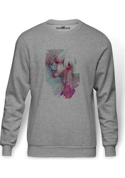 Anime Tokyo Ghoul Anteiku Baskılı Gri Erkek Örme Sweatshirt Uzun Kol