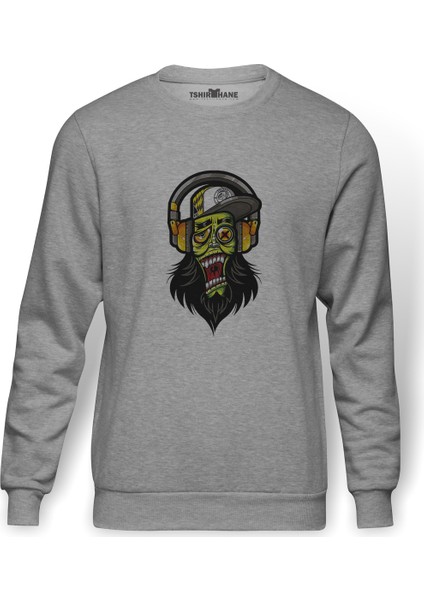 Dj Zombie Skull Baskılı Gri Erkek Örme Sweatshirt Uzun Kol