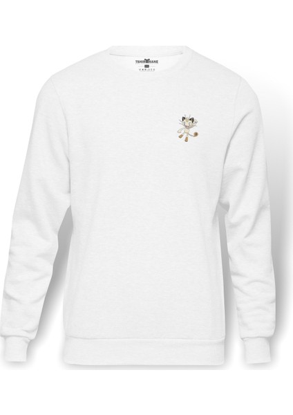 Pokemon Avengermon Meowth Nyarth Baskılı Beyaz Erkek Örme Sweatshirt Uzun Kol
