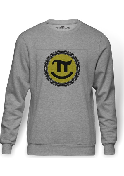 Pi Smile Baskılı Gri Erkek Örme Sweatshirt Uzun Kol