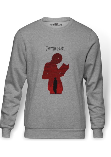 Death Note The Book Baskılı Gri Erkek Örme Sweatshirt Uzun Kol