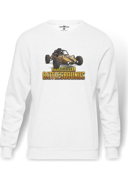 Playerunknwns Battelgrounds Baskılı Beyaz Erkek Örme Sweatshirt Uzun Kol