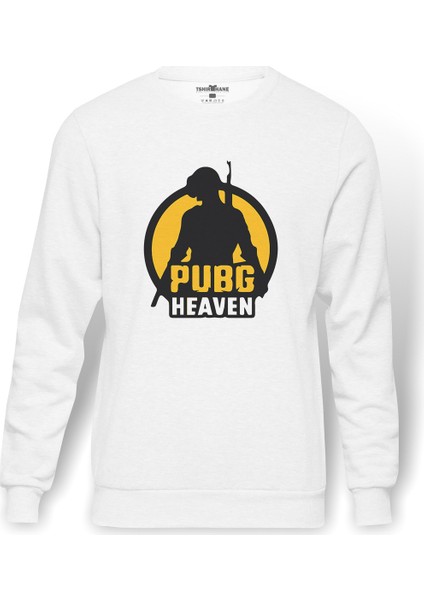 Pubg Heaven Baskılı Beyaz Erkek Örme Sweatshirt Uzun Kol