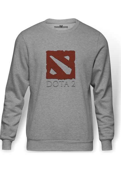 Dota 2 Simge Logo Baskılı Gri Erkek Örme Sweatshirt Uzun Kol