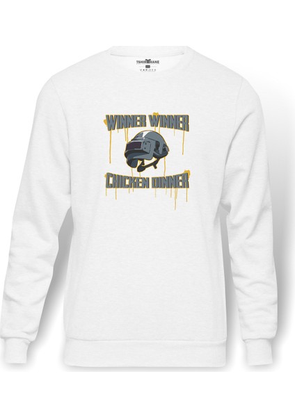 Pubg Winner 3 Lvl Kask Baskılı Beyaz Erkek Örme Sweatshirt Uzun Kol