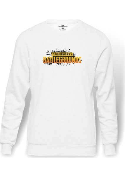Pubg Splash Logo Baskılı Beyaz Erkek Örme Sweatshirt Uzun Kol