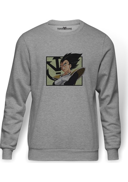 Anime Dragon Ball Vegeta Baskılı Gri Erkek Örme Sweatshirt Uzun Kol